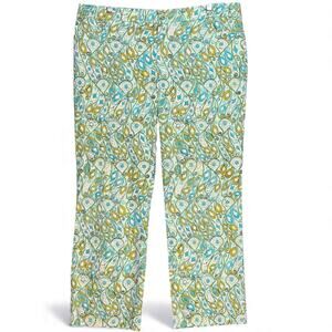 Vintage Doncaster Seafoam Teal Print Cropped Pants Size 14 Stretch Cotton Sateen
